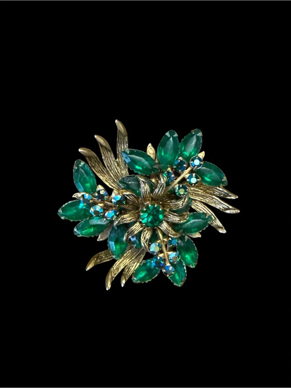 Vintage Emerald Green Rhinestone Floral Brooch Gold Tone Aurora Borealis Stateme